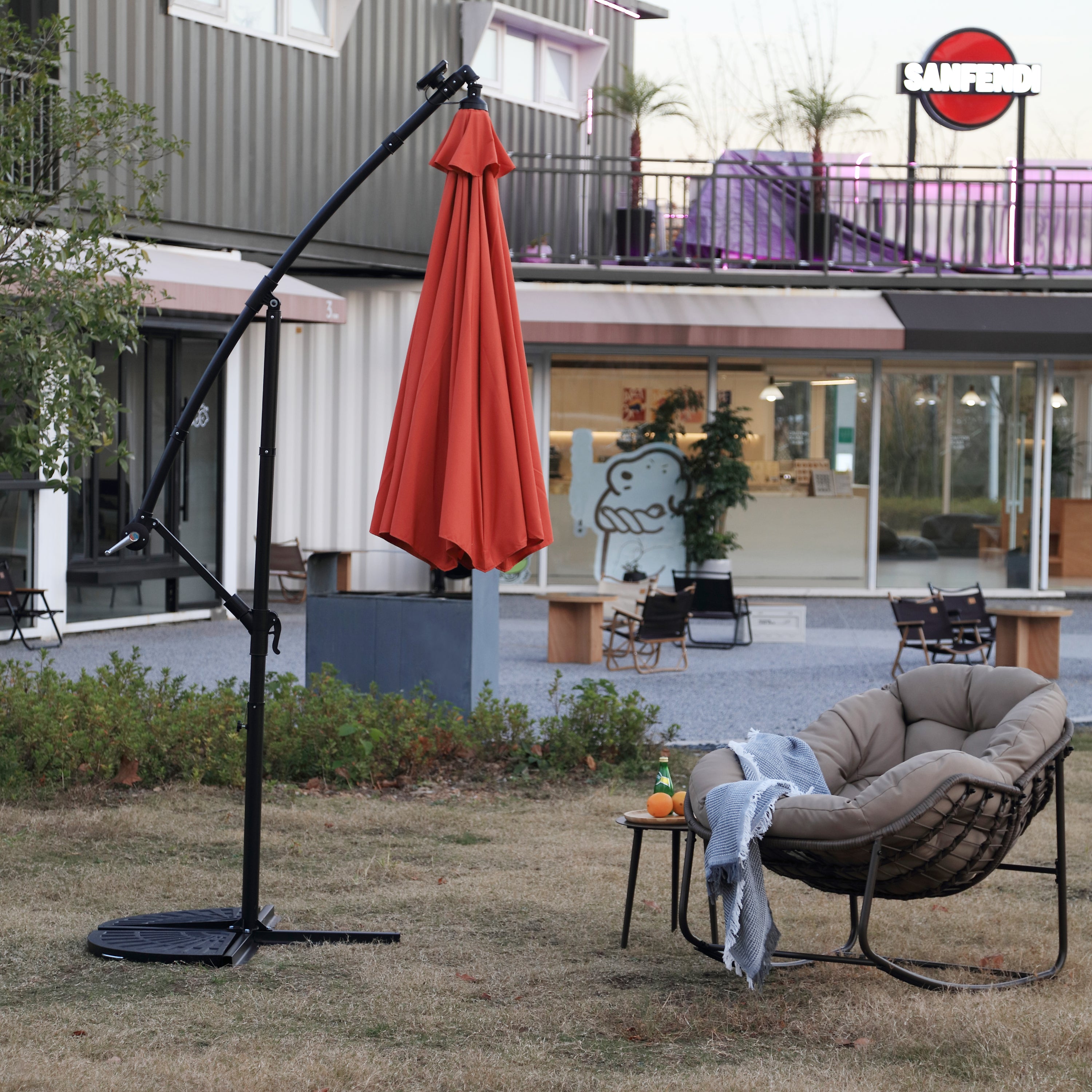 city furniture patio umbrella 10ft Solar LED Offset Hanging Market Patio Umbrella (Orange)