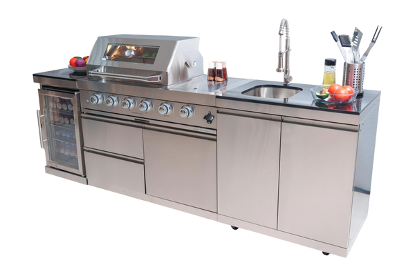 Cherylife 85-Inch 4-Burner 72,000 BTU Gas Grill Island – Outdoor Kitchen with Wine Cooler, Refrigerator, Rotisserie, Granite Countertops & Storage