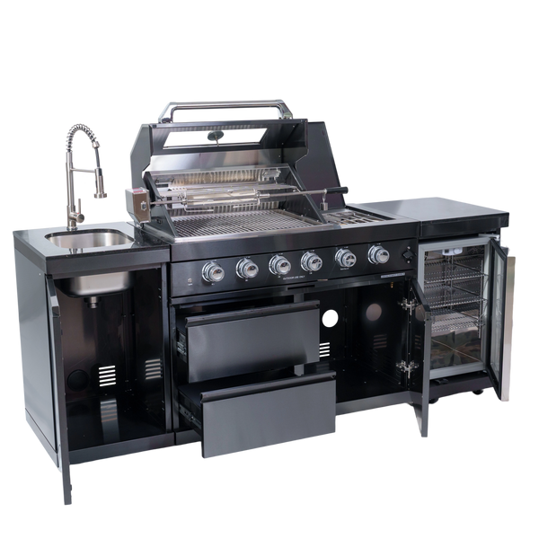 Cherylife S00006 NG 85-Inch 4-Burner 72,000 BTU Natural Gas Grill Island – Outdoor Kitchen with Refrigerator, Wine Cooler, Rotisserie, Granite Countertop & Sink