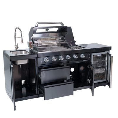 Cherylife 85-Inch 4-Burner 72,000 BTU Gas Grill Island – Outdoor Kitchen with Wine Cooler, Refrigerator, Rotisserie, Granite Countertops & Stainless Steel Sink