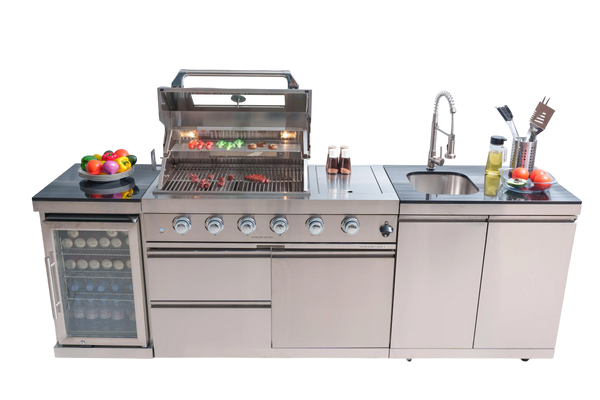 Cherylife S00003 NG 85-Inch 4-Burner 72,000 BTU Natural Gas Grill Island – Outdoor Kitchen with Refrigerator, Wine Cooler, Rotisserie, Granite Countertops & Sink