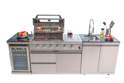 Cherylife 85-Inch 4-Burner 72,000 BTU Gas Grill Island – Outdoor Kitchen with Wine Cooler, Refrigerator, Rotisserie, Granite Countertops & Storage