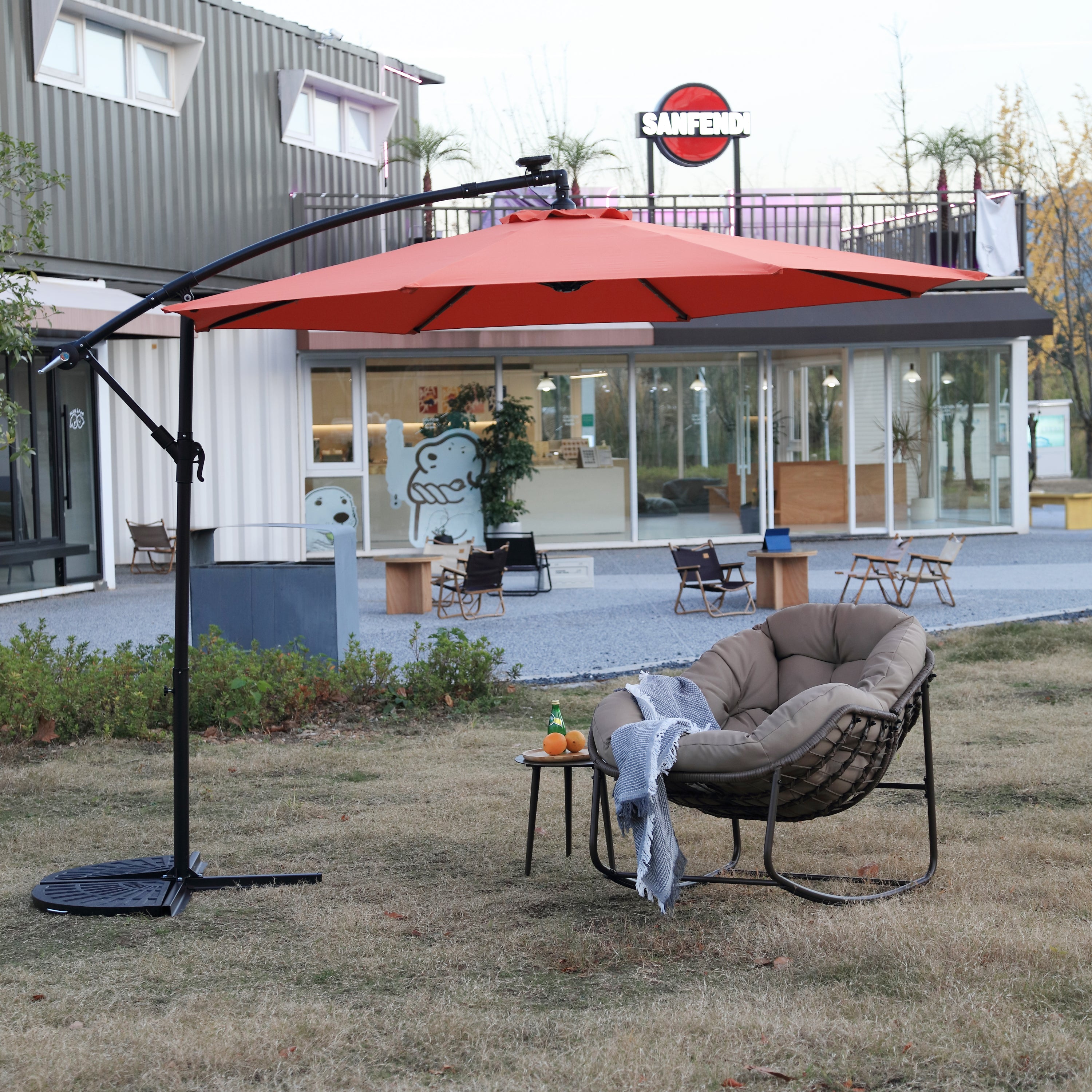 10-foot wide rectangular offset patio umbrella with solar lights 10ft Solar LED Offset Hanging Market Patio Umbrella (Orange)