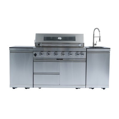 Cherylife NG 85-Inch 6-Burner 85,000 BTU Natural Gas Grill Island – Outdoor Kitchen with Rotisserie, Granite Countertops, Sink/Faucet & Storage
