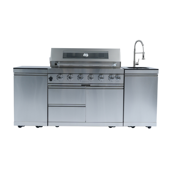 Cherylife 85-Inch 6-Burner 85,000 BTU Gas Grill Island – Outdoor Kitchen with Rotisserie, Granite Countertops, Stainless Steel Sink/Faucet & Storage