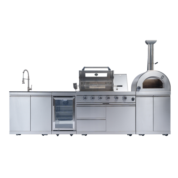 CheryLife 125-Inch 108000- BTU Double Stainless Steel Gas Outdoor Kitchen Bar Barbecue Island Grill+ Pizza oven + Wine Cooler Compact Refrigerator + Rotisserie + Granite Countertops + Storage Cabinets & Drawers