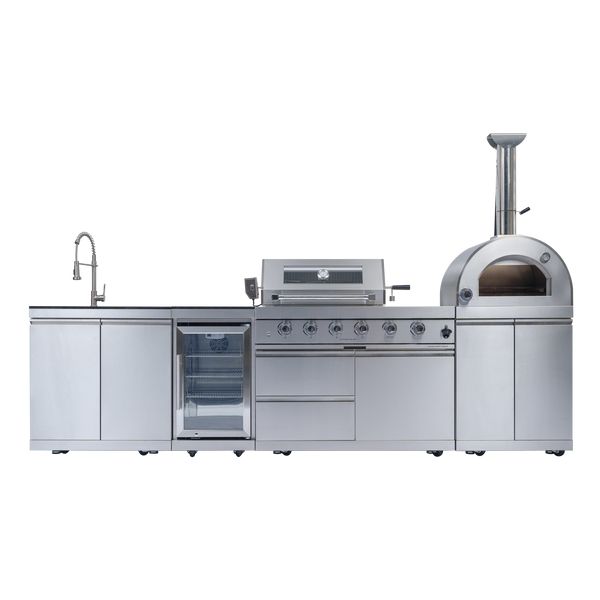 CheryLife 125-Inch 108000- BTU Double Stainless Steel Gas Outdoor Kitchen Bar Barbecue Island Grill+ Pizza oven + Wine Cooler Compact Refrigerator + Rotisserie + Granite Countertops + Storage Cabinets & Drawers