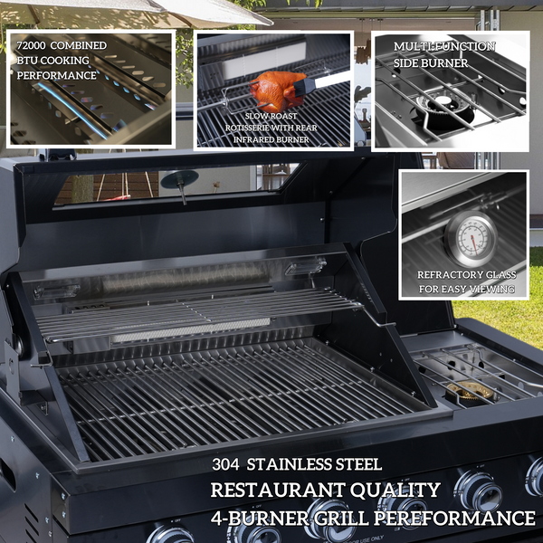 CheryLife 125-Inch 108000- BTU Double Stainless Steel Gas Outdoor Kitchen Bar Barbecue Island Grill+ Pizza oven + Wine Cooler Compact Refrigerator + Rotisserie + Granite Countertops + Storage Cabinets & Drawers