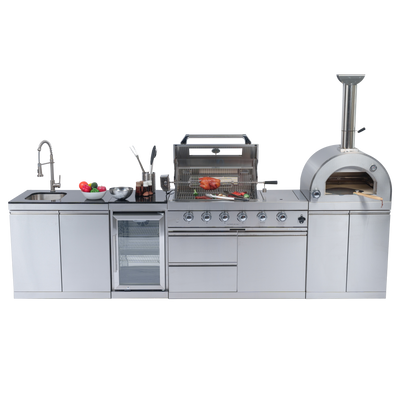 CheryLife 125-Inch 108000 BTU Gas Outdoor Kitchen Island with Grill Pizza Oven Refrigerator Wine Cooler | Stainless Steel