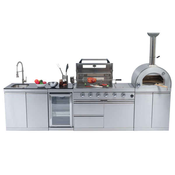 CheryLife 125-Inch 108000- BTU Double Stainless Steel Gas Outdoor Kitchen Bar Barbecue Island Grill+ Pizza oven + Wine Cooler Compact Refrigerator + Rotisserie + Granite Countertops + Storage Cabinets & Drawers