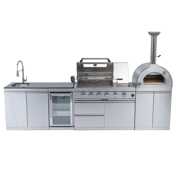 CheryLife 125-Inch 108000- BTU Double Stainless Steel Gas Outdoor Kitchen Bar Barbecue Island Grill+ Pizza oven + Wine Cooler Compact Refrigerator + Rotisserie + Granite Countertops + Storage Cabinets & Drawers