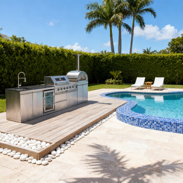 CheryLife 125-Inch 108000- BTU Double Stainless Steel Gas Outdoor Kitchen Bar Barbecue Island Grill+ Pizza oven + Wine Cooler Compact Refrigerator + Rotisserie + Granite Countertops + Storage Cabinets & Drawers