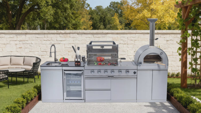 CheryLife 112-Inch Prefab Outdoor Kitchen Island with Grill & Pizza Ov