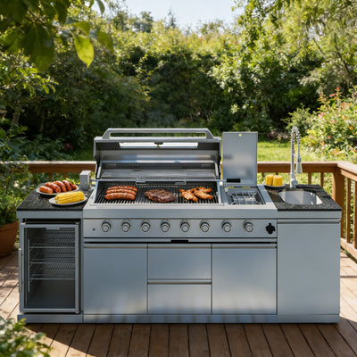 Cherylife 96-Inch 6-Burner 85,000 BTU Gas Grill Island – Outdoor Kitchen with Wine Cooler, Refrigerator, Rotisserie, Granite Countertops & Storage