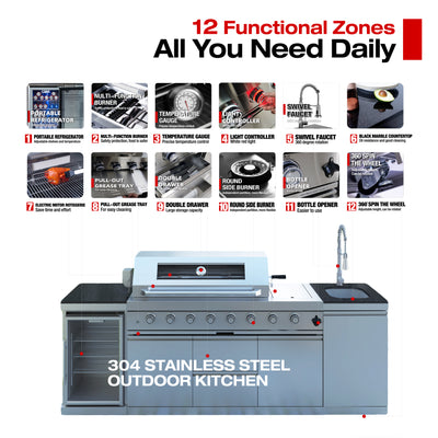 Cherylife 96-Inch 6-Burner 85,000 BTU Gas Grill Island – Outdoor Kitchen with Wine Cooler, Refrigerator, Rotisserie, Granite Countertops & Storage