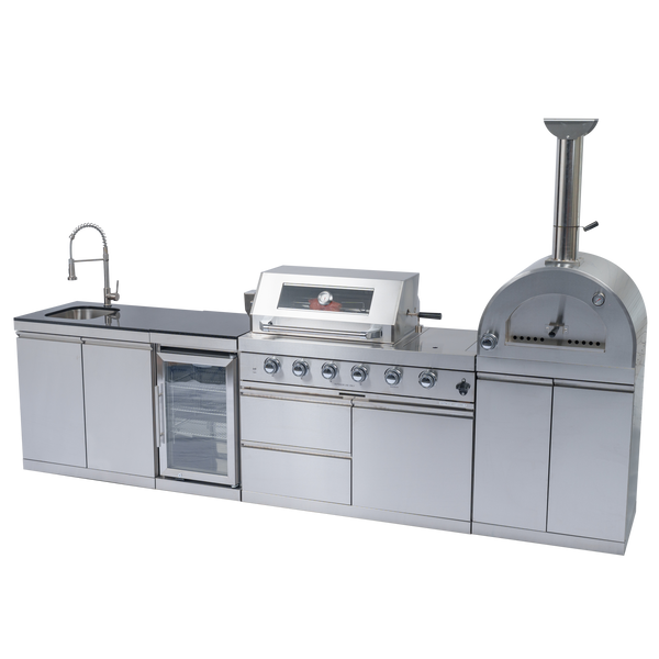 CheryLife 125-Inch 108000- BTU Double Stainless Steel Gas Outdoor Kitchen Bar Barbecue Island Grill+ Pizza oven + Wine Cooler Compact Refrigerator + Rotisserie + Granite Countertops + Storage Cabinets & Drawers