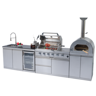 CheryLife 125-Inch 108000 BTU Gas Outdoor Kitchen Island with Grill Pizza Oven Refrigerator Wine Cooler | Stainless Steel