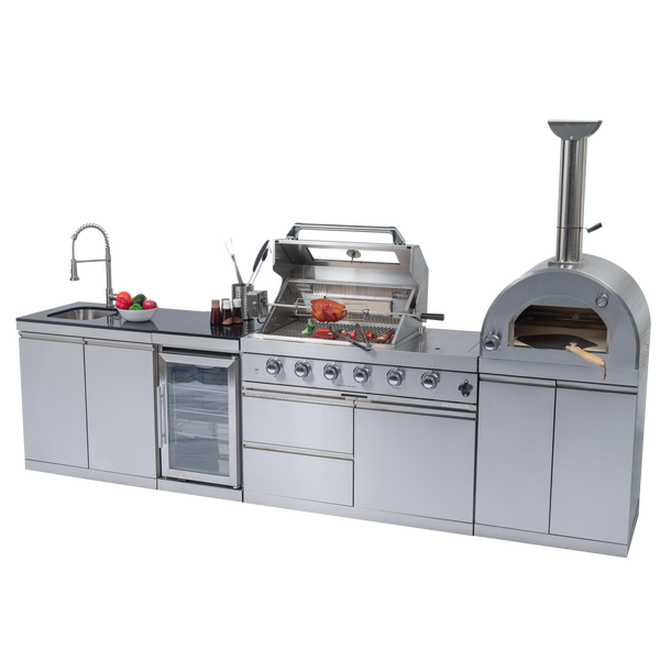 CheryLife 125-Inch 108000- BTU Double Stainless Steel Gas Outdoor Kitchen Bar Barbecue Island Grill+ Pizza oven + Wine Cooler Compact Refrigerator + Rotisserie + Granite Countertops + Storage Cabinets & Drawers