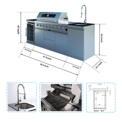 Cherylife 96-Inch 6-Burner 85,000 BTU Gas Grill Island – Outdoor Kitchen with Wine Cooler, Refrigerator, Rotisserie, Granite Countertops & Storage