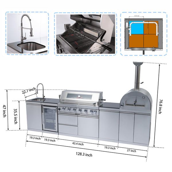 CheryLife 128-Inch Outdoor Kitchen Island - 120K BTU Gas BBQ Grill + Pizza Oven + Wine Cooler & Fridge - Stainless Steel