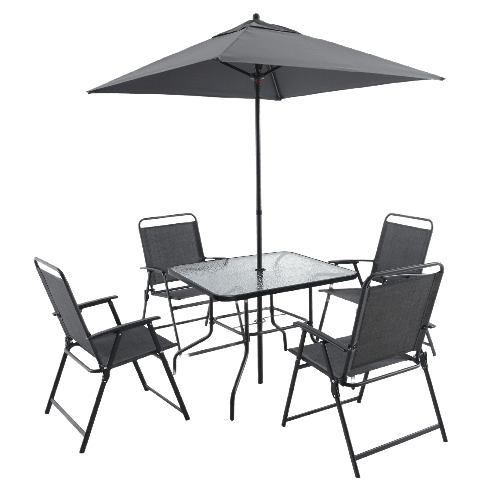 6 piece patio set with umbrella folding Chery Industrial Sling Folding Dining Set